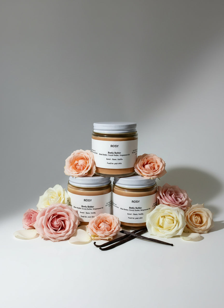 Three jars of ROSY Body Butter stacked on a white background